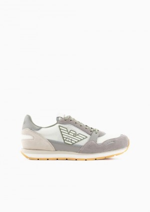 Avorio Emporio Armani Mesh Sneakers With Suede Details And Eagle Patch | EA-SN58992