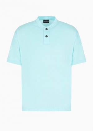 Azure Emporio Armani Asv Lyocell-blend Jersey T-shirt With Grandad Collar | EA-SN58434