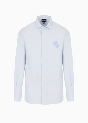 Azure Emporio Armani Cotton Poplin Shirt With Embossed Ea Embroidery | EA-SN57873