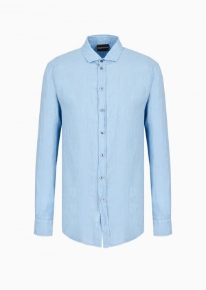 Azure Emporio Armani Garment-dyed Linen Shirt With French Collar | EA-SN57848