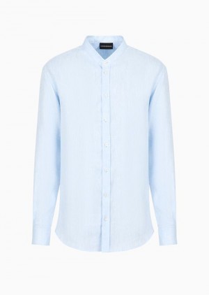 Azure Emporio Armani Linen Chambray Shirt With Guru Collar | EA-SN57846