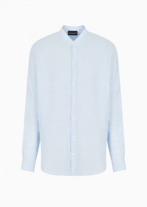 Azure Emporio Armani Modern-fit, Linen Chambray, Guru-collar Shirt | EA-SN57931