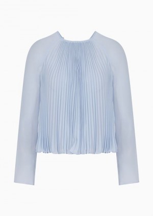 Azure Emporio Armani Sheer Georgette Blouse With Pleats, Front And Back | EA-SN56941