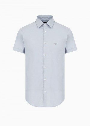 Azure Emporio Armani Short-sleeved, Stretch Nylon-blend Shirt | EA-SN57860