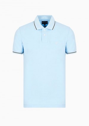 Azure Emporio Armani Slim-fit Stretch Piqué Polo Shirt With Micro Eagle | EA-SN58447