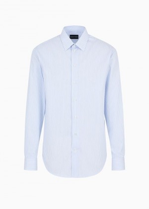 Azure Emporio Armani Striped Cotton Armure Shirt With Classic Collar | EA-SN57900