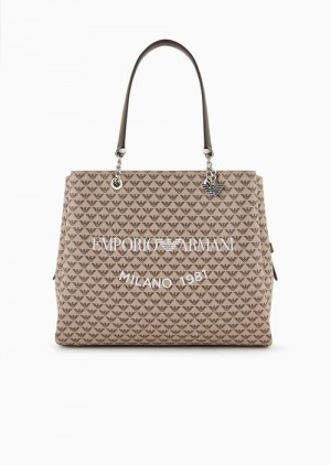 Beige Emporio Armani All-over Eagle Shopper Bag With Eagle Charm | EA-SN57428