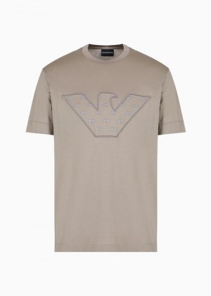 Beige Emporio Armani Asv Lyocell-blend Jersey T-shirt With Embroidered Oversized Eagle With Internal Micro Eagles | EA-SN58586