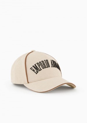 Beige Emporio Armani Canvas Baseball Cap With Oversized Embroidered Logo | EA-SN57480