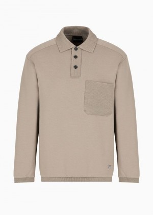 Beige Emporio Armani Double-jersey Oversized Sweatshirt With Polo-shirt Collar, Pocket And Knit Trim | EA-SN58502