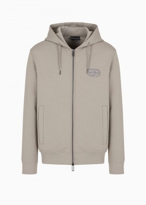 Beige Emporio Armani Double-jersey Zip-up Hooded Sweatshirt With Embossed, Embroidered Ea Logo | EA-SN58528