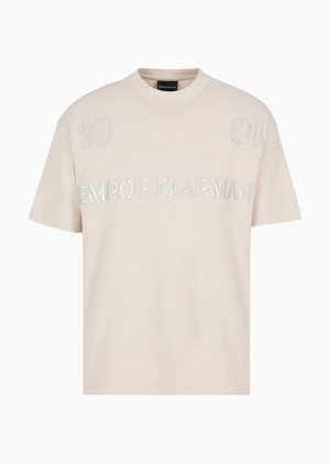 Beige Emporio Armani Heavyweight Jersey T-shirt With Embossed Emporio Armani 1981 Embroidery | EA-SN58607