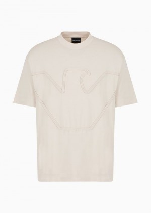 Beige Emporio Armani Heavyweight Jersey T-shirt With Oversized, Raised Cord-effect Embroidery | EA-SN58610