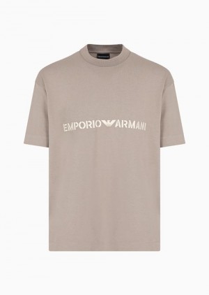 Beige Emporio Armani Heavyweight Jersey T-shirt With Logo Embroidery In A Military Font | EA-SN58646