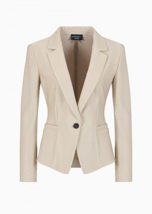 Beige Emporio Armani Icon Lapel Jacket In Jacquard Fabric With Micro-wavy Embossed Ribbing | EA-SN56474