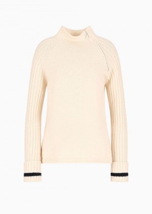 Beige Emporio Armani Icon Ribbed-sleeve Cashmere-blend Turtleneck Jumper | EA-SN56681