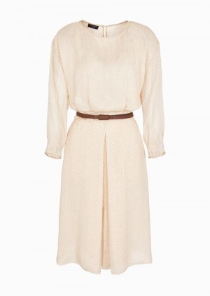 Beige Emporio Armani Icon Silk Chiffon Dress With Knitwear-effect Print And Belt | EA-SN56514