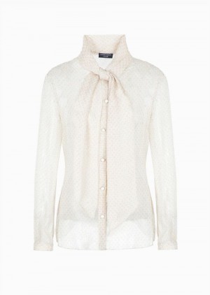 Beige Emporio Armani Icon Silk Chiffon Shirt With Foulard Collar And Oversized Knitwear-effect Print | EA-SN56919