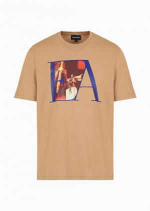 Beige Emporio Armani Jersey T-shirt With Aviation Print | EA-SN58617