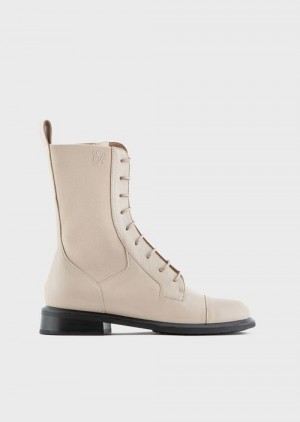 Beige Emporio Armani Leather Lace-up Ankle Boots With Elastic Inserts | EA-SN57107