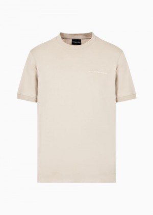 Beige Emporio Armani Lightweight Jersey T-shirt With Logo Embroidery And Ribbed Trim | EA-SN58712