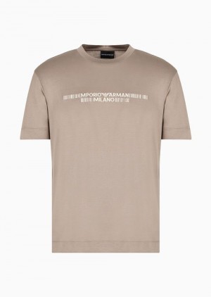 Beige Emporio Armani Lyocell-blend Jersey T-shirt With Asv Logo Raised Embroidery | EA-SN58598