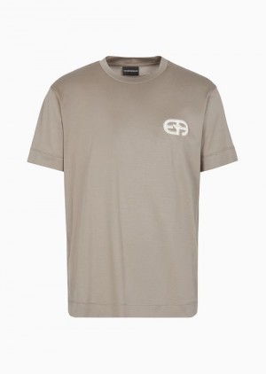 Beige Emporio Armani Lyocell-blend Jersey T-shirt With Armani Sustainability Values Ea Logo Raised Embroidery | EA-SN58715