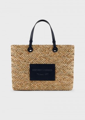 Beige Emporio Armani Mare Capsule Collection Straw Shopper Bag | EA-SN57251