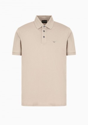 Beige Emporio Armani Mercerized Piqué Polo Shirt With Chevron Trim | EA-SN58456