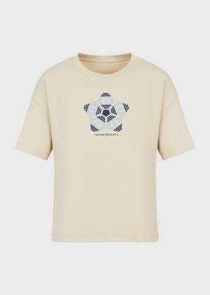 Beige Emporio Armani Organic American Jersey T-shirt With Sustainable Collection Print | EA-SN57058