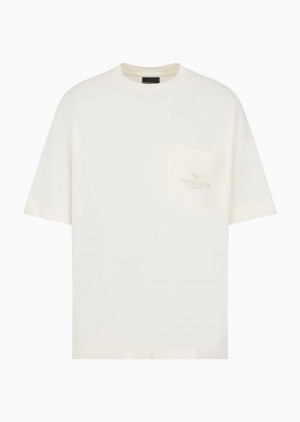 Beige Emporio Armani Oversize Heavy Jersey T-shirt With Pocket And Embossed Logo Embroidery | EA-SN58742