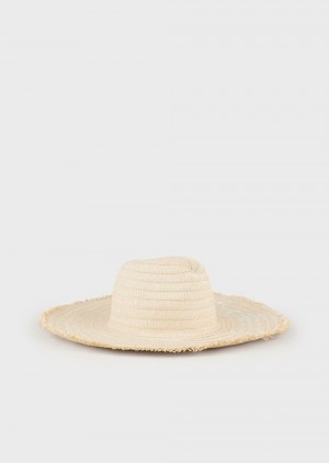 Beige Emporio Armani Paper Yarn Beach Hat With Embroidered Logo | EA-SN57459