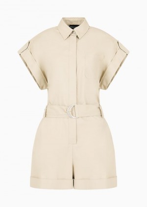 Beige Emporio Armani Pima Cotton Gabardine Short Jumpsuit | EA-SN56561