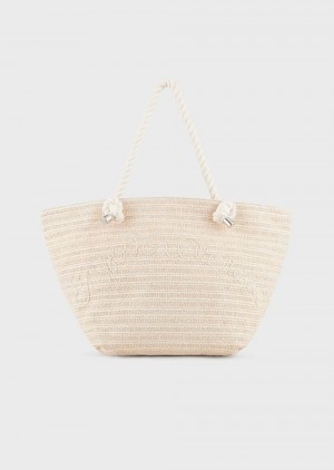 Beige Emporio Armani Raffia Beach Shopper Bag With Logo Embroidery | EA-SN57248