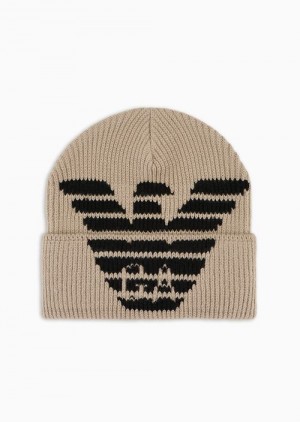 Beige Emporio Armani Ribbed Wool-blend Beanie With Oversized Jacquard Eagle | EA-SN59175