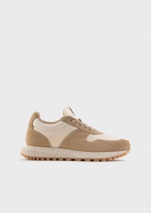 Beige Emporio Armani Sustainable Collection Crust Leather And Eco-nylon Sneakers | EA-SN58932