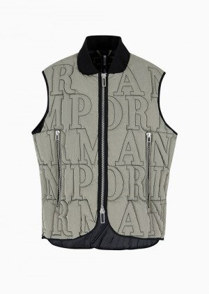 Beige Emporio Armani Water-repellent Crinkle-nylon Bodywarmer With All-over Quilted Lettering Embroidery | EA-SN58205