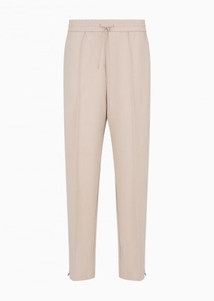 Beige Emporio Armani Wool-blend Drawstring Trousers With Veining | EA-SN58386