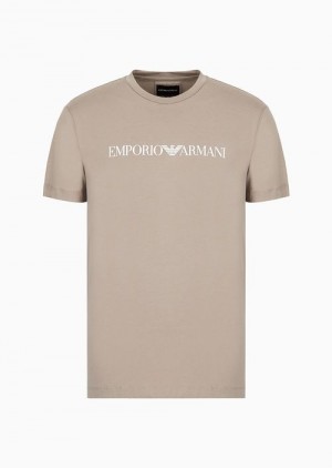 Beige Logo Emporio Armani Pima-jersey T-shirt With Logo Print | EA-SN58708