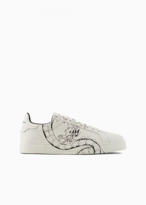 Bianco E Nero Emporio Armani Lunar New Year Dragon-print Leather Sneakers | EA-SN58904