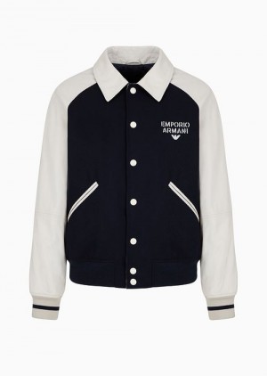 Bianco E Nero Emporio Armani Wool Cloth Blouson With Leather Sleeves And Logo Embroidery | EA-SN58199