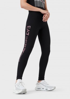 Black 3 Emporio Armani Shiny Stretch Cotton Leggings | EA7-SN59541