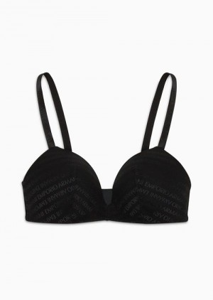 Black Emporio Armani Armani Sustainability Values Padded Triangle Bra In Recycled Bonded Mesh With All-over Lettering | EA-SN56647