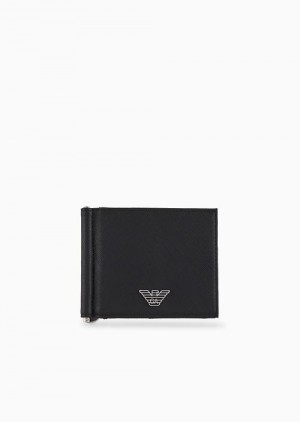 Black Emporio Armani Armani Sustainability Values Regenerated Saffiano Leather Compact Wallet With Eagle Plate | EA-SN59320