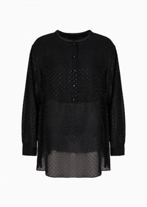 Black Emporio Armani Asv Henley Blouse In Viscose Fil Coupé With All-over Lurex Polka Dots | EA-SN56972