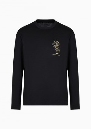 Black Emporio Armani Asv Lunar New Year Lyocell-blend Jersey Sweater With Dragon Embroidery | EA-SN58768