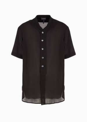 Black Emporio Armani Asv Lyocell V-neck, Short-sleeved, Comfort-fit Shirt | EA-SN57879