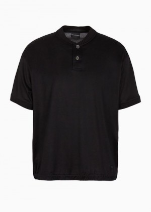 Black Emporio Armani Asv Lyocell-blend Jersey T-shirt With Grandad Collar | EA-SN58435