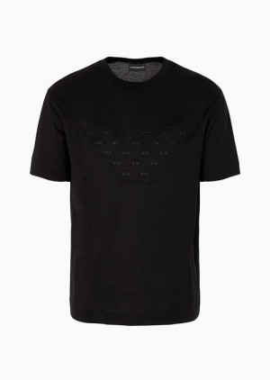 Black Emporio Armani Asv Lyocell-blend Jersey T-shirt With Embroidered Oversized Eagle With Internal Micro Eagles | EA-SN58594