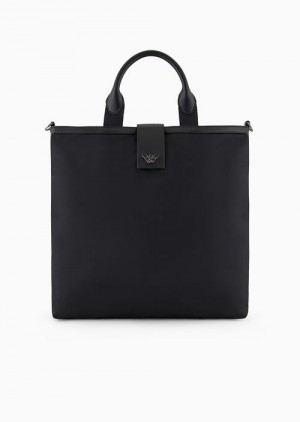 Black Emporio Armani Asv Recycled Nylon Folding Shopper Bag With Shoulder Strap | EA-SN59104